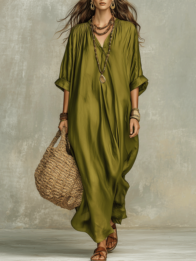 Aroa | Vestido largo verde oliva de corte holgado