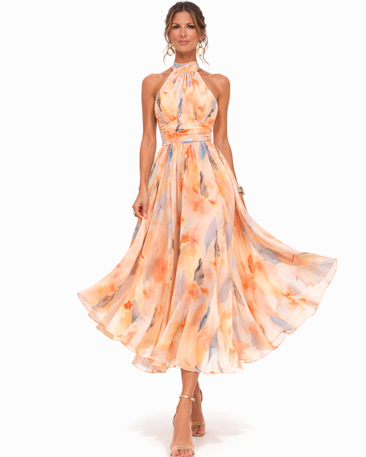 Aitana | Vestido maxi halter con estampado en acuarela