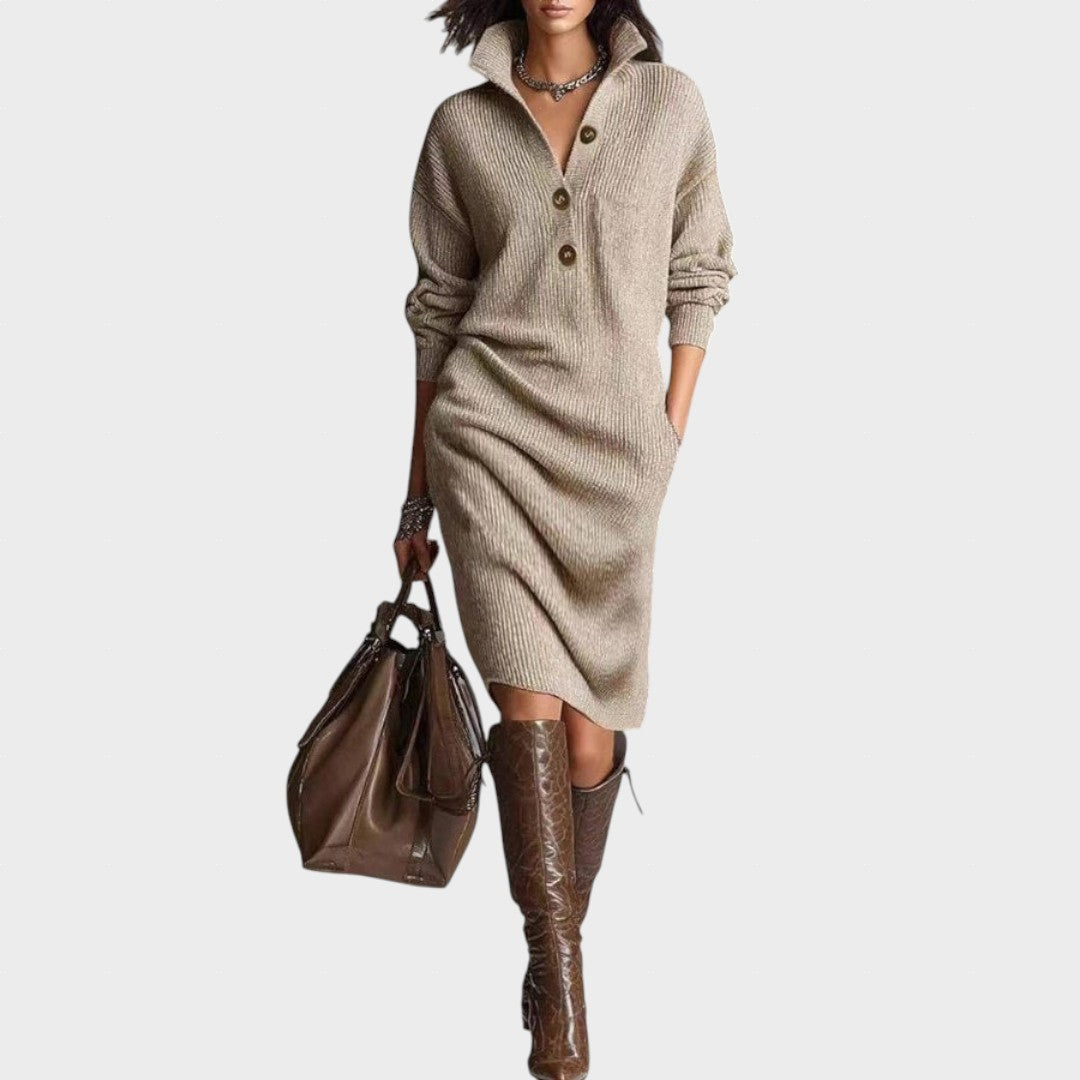 Pilar | Vestido midi de punto con cuello alto y bolsillos