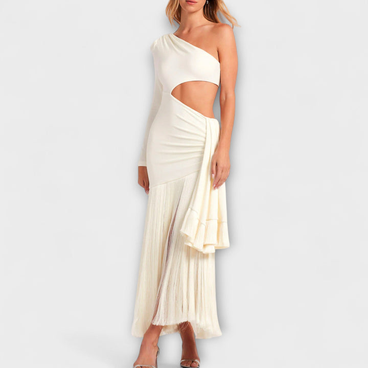 Pilar | Vestido maxi con abertura y flecos