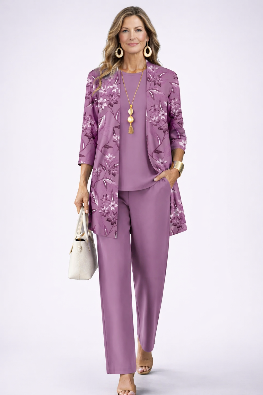 Gloria | Conjunto de tres piezas con chaleco estampado en morado