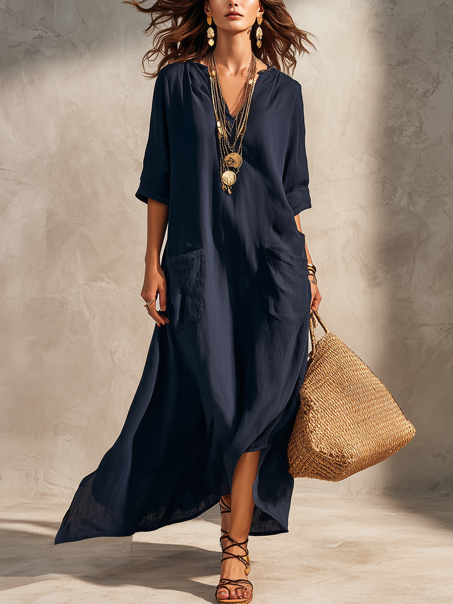 Saray | Vestido camisero largo en azul medianoche
