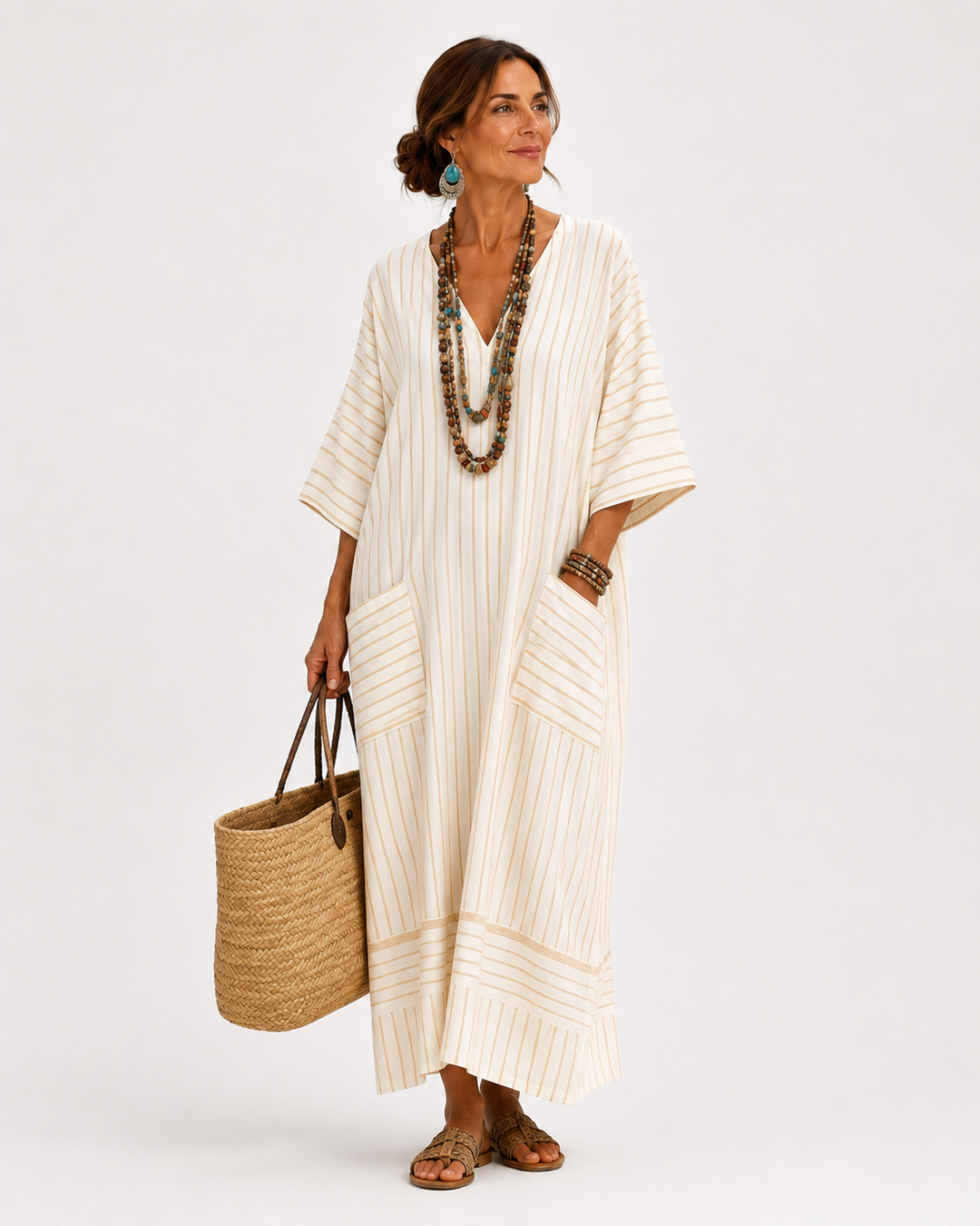 Nuria | Caftán beige de rayas