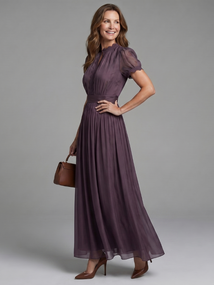 Mercedes | Vestido largo ciruela con mangas abullonadas