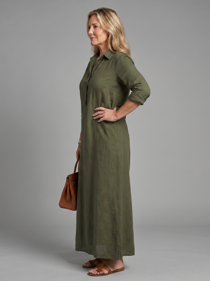 Lorena | Vestido largo verde oliva efecto lino