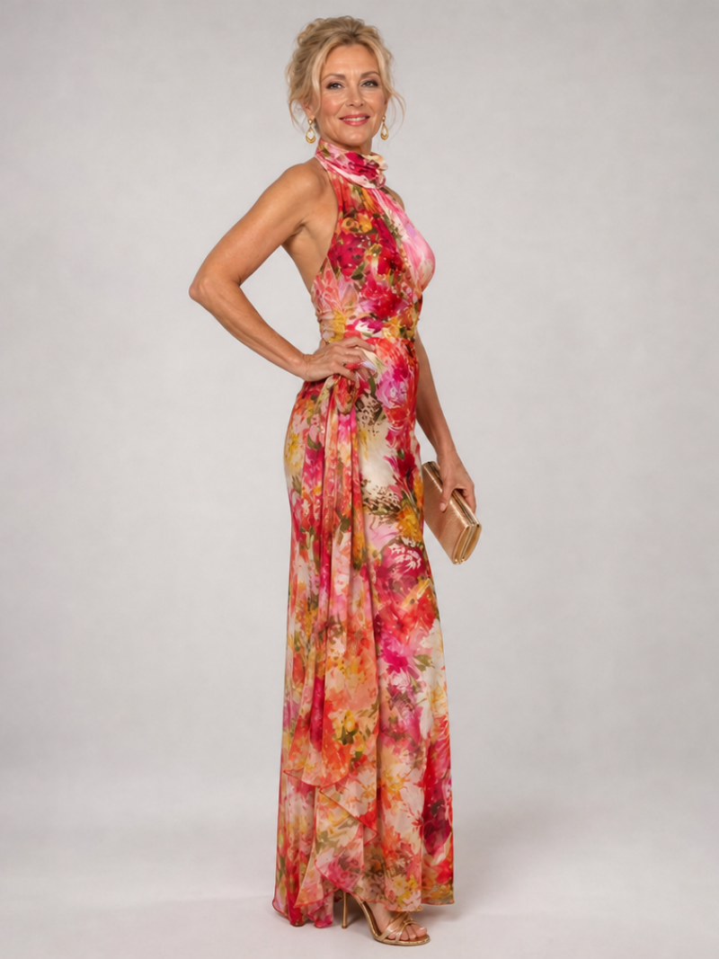 Teresa | Vestido largo con flores en rojo