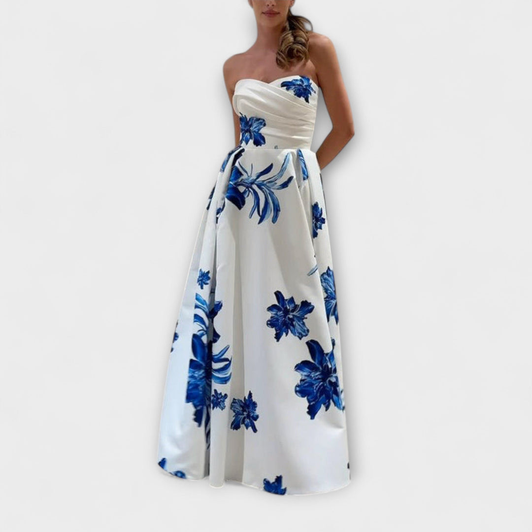Carmela | Vestido maxi floral con volante en los hombros