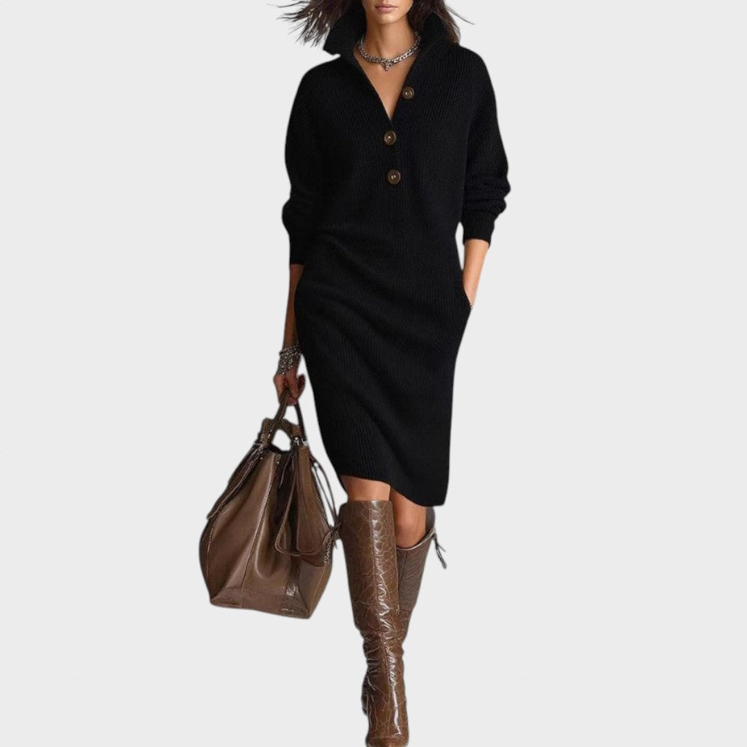Pilar | Vestido midi de punto con cuello alto y bolsillos