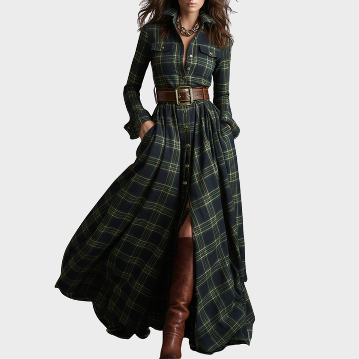 Amparo | Vestido maxi de cuadros con cuello clásico