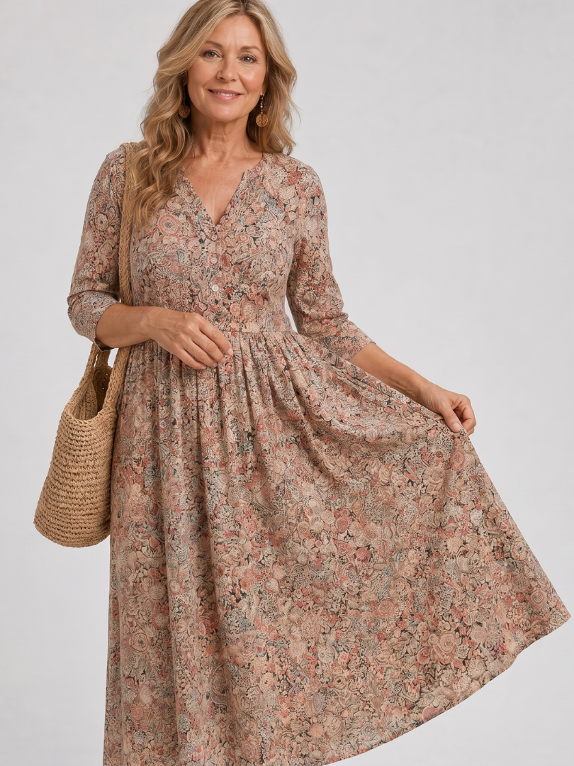 Eugenia | Vestido midi con flores pequeñas en beige