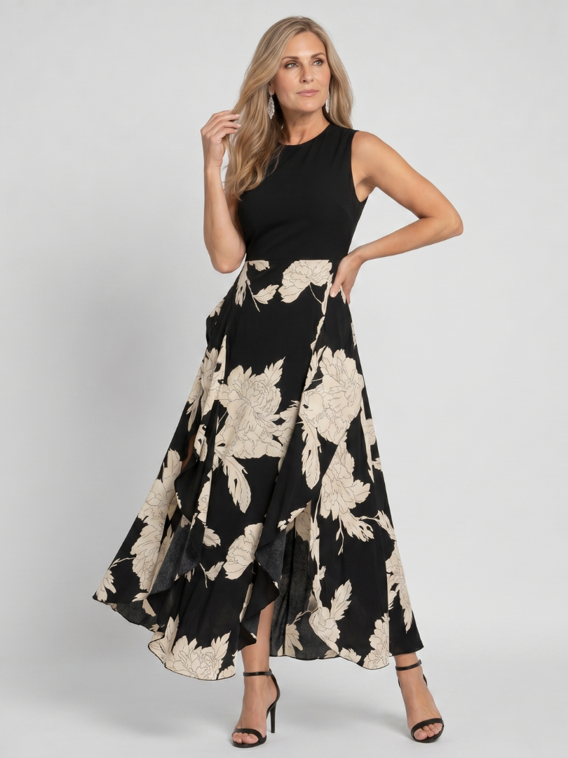 Inés | Vestido midi con flores sobre negro