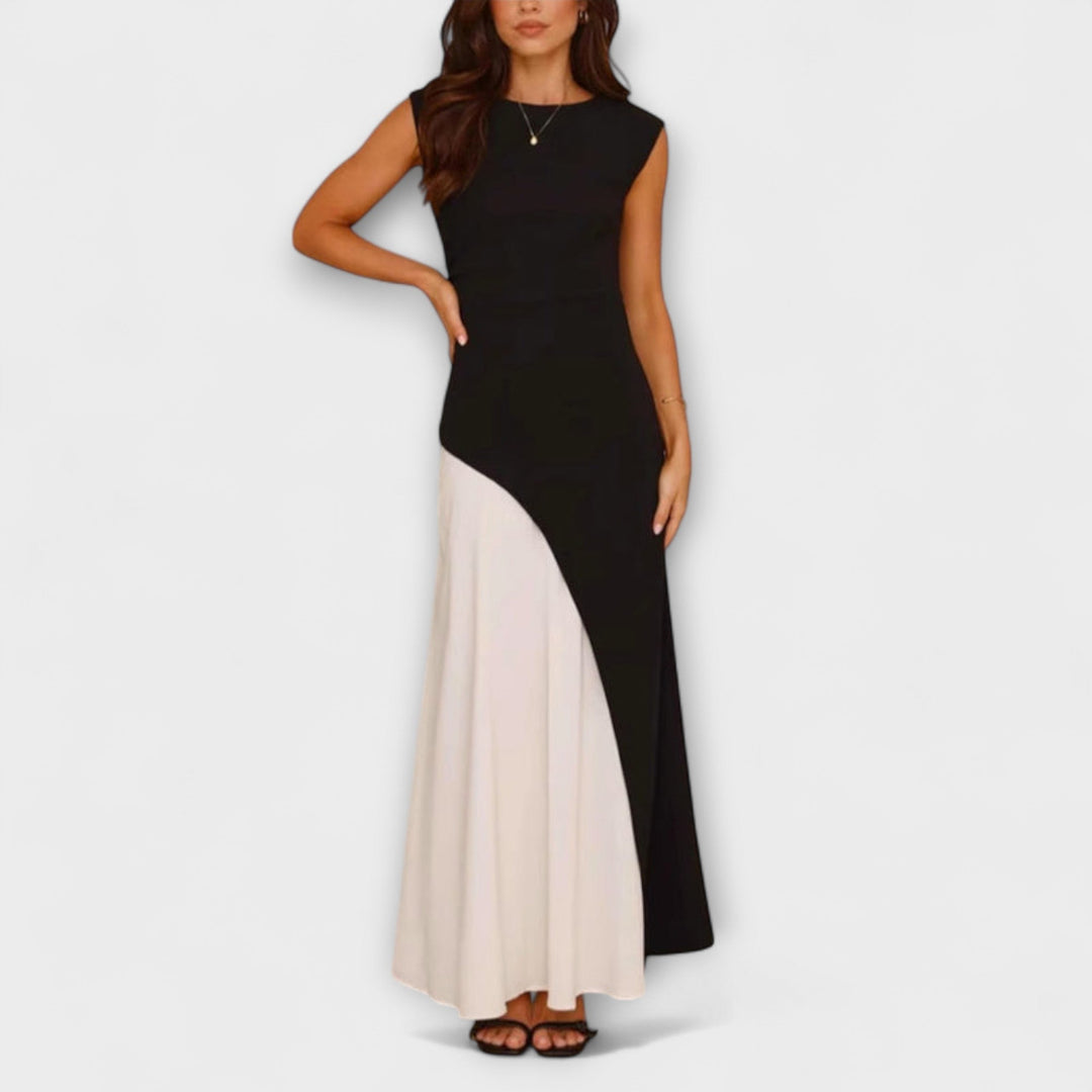 Estrella | Vestido maxi liso con bloque de color en la cintura