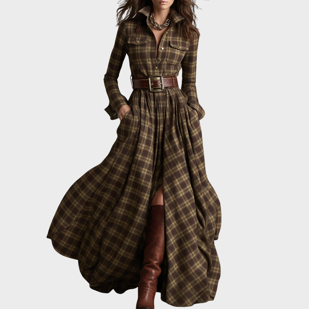 Amparo | Vestido maxi de cuadros con cuello clásico