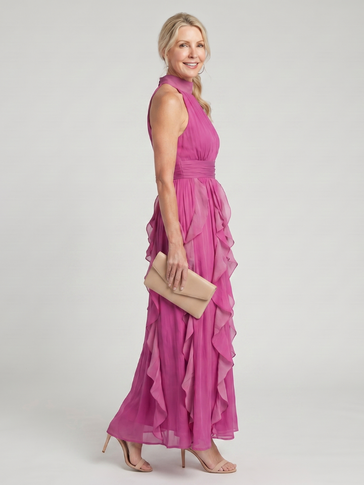 Pilar | Vestido largo magenta con volantes