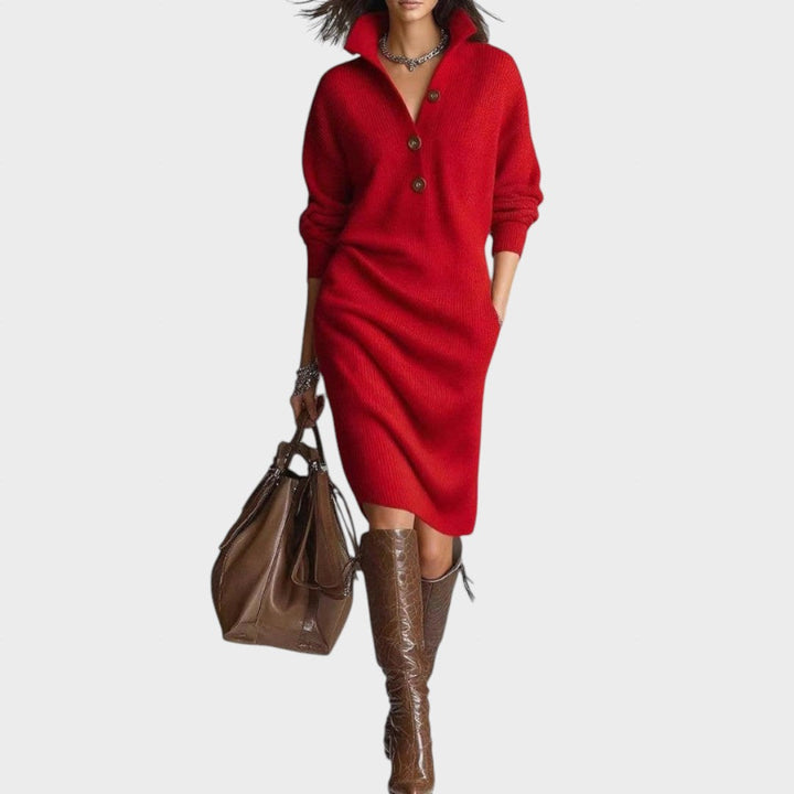 Pilar | Vestido midi de punto con cuello alto y bolsillos