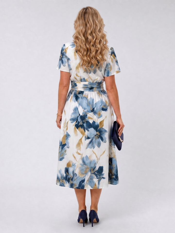 Elvira | Vestido midi con flores sobre azul