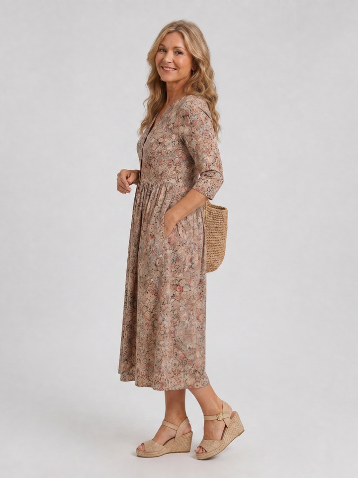 Eugenia | Vestido midi con flores pequeñas en beige