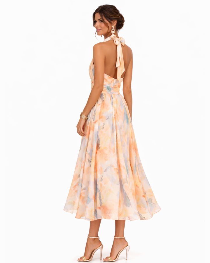 Aitana | Vestido maxi halter con estampado en acuarela