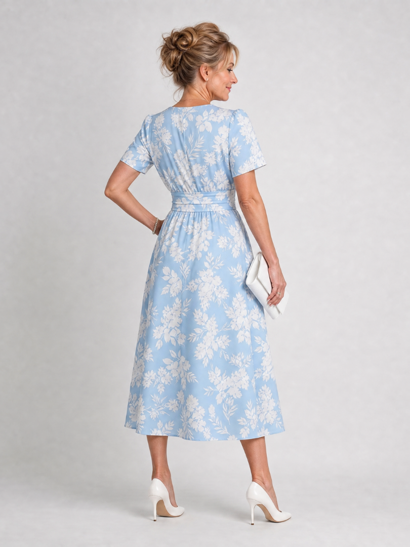 Esperanza | Vestido midi con flores sobre azul claro