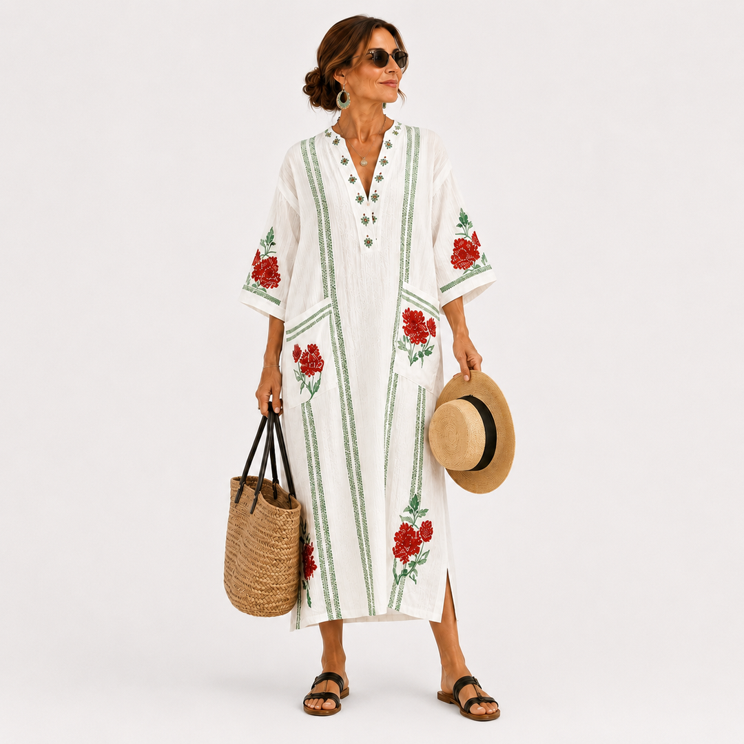 Beatriz | Caftán blanco con estampado de rosas
