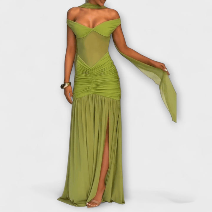Paloma | Vestido maxi en verde oliva con escote en pico