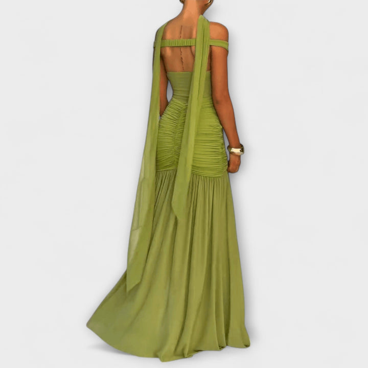 Paloma | Vestido maxi en verde oliva con escote en pico