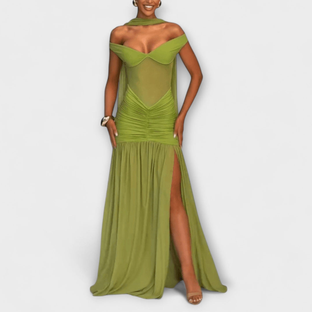 Paloma | Vestido maxi en verde oliva con escote en pico