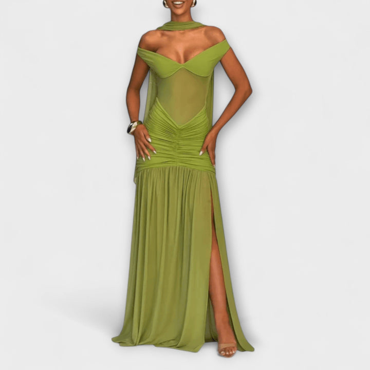 Paloma | Vestido maxi en verde oliva con escote en pico