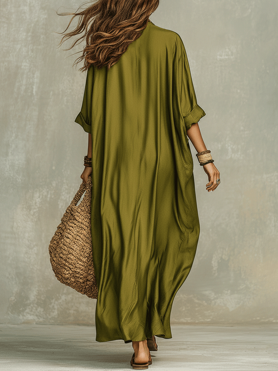 Aroa | Vestido largo verde oliva de corte holgado
