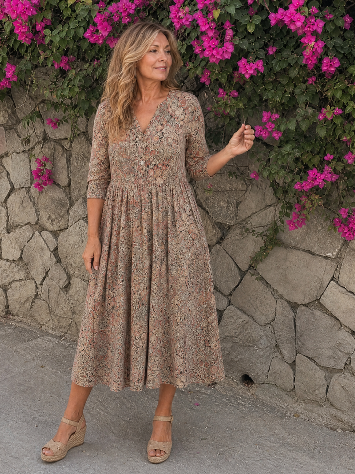 Eugenia | Vestido midi con flores pequeñas en beige