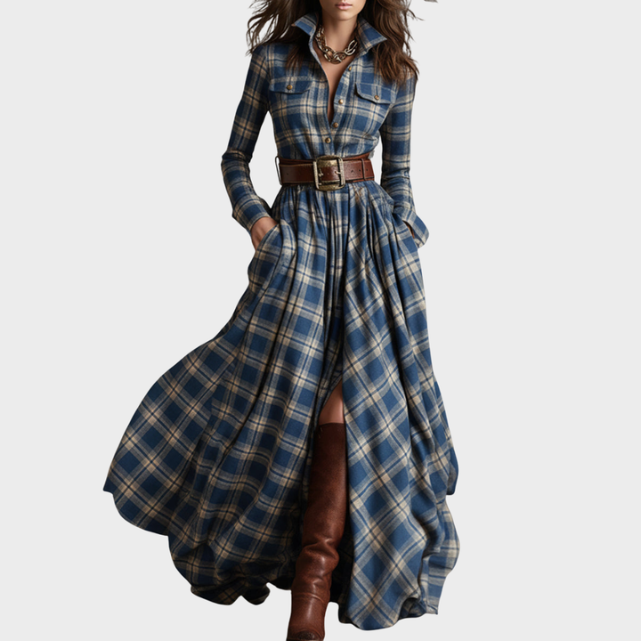 Amparo | Vestido maxi de cuadros con cuello clásico