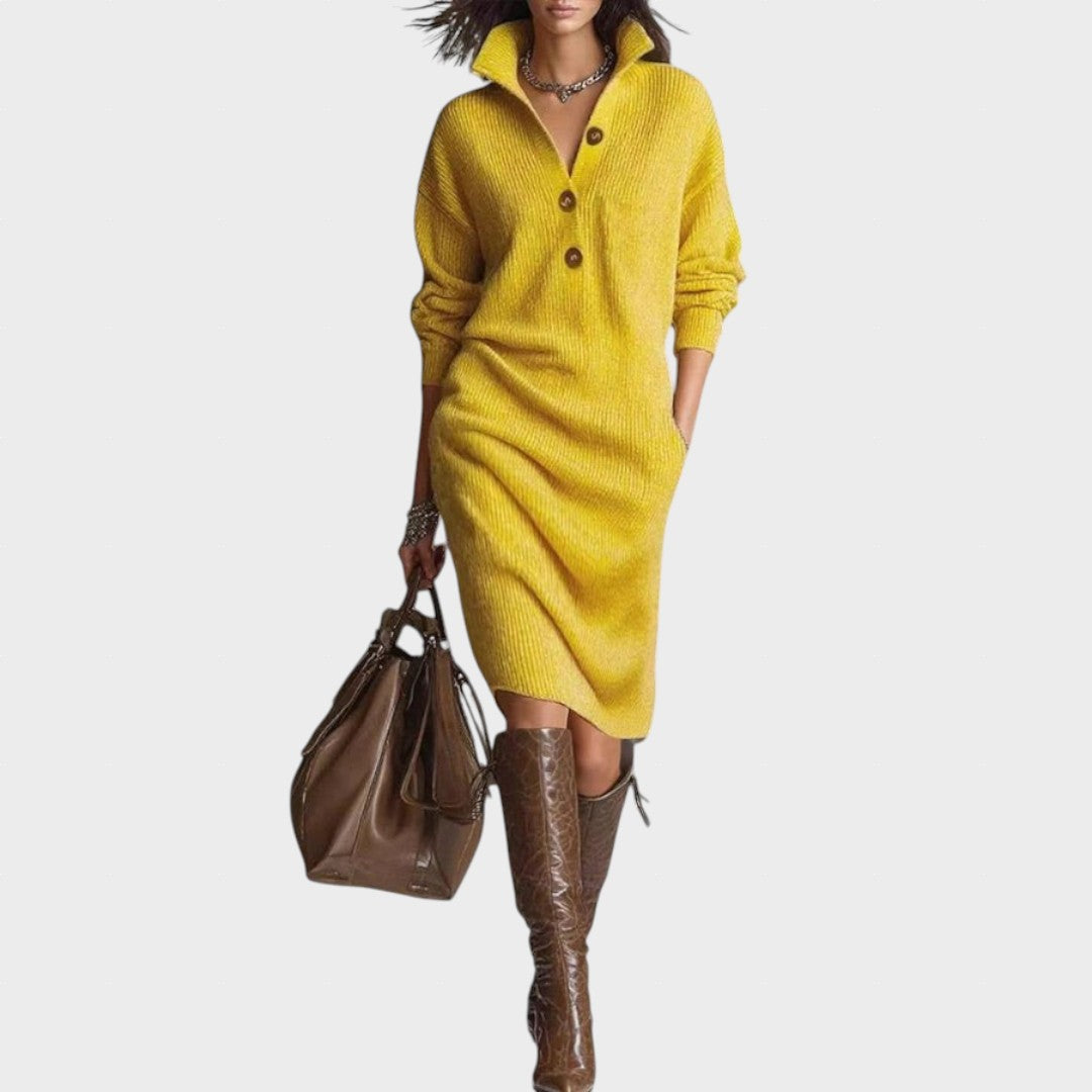 Pilar | Vestido midi de punto con cuello alto y bolsillos
