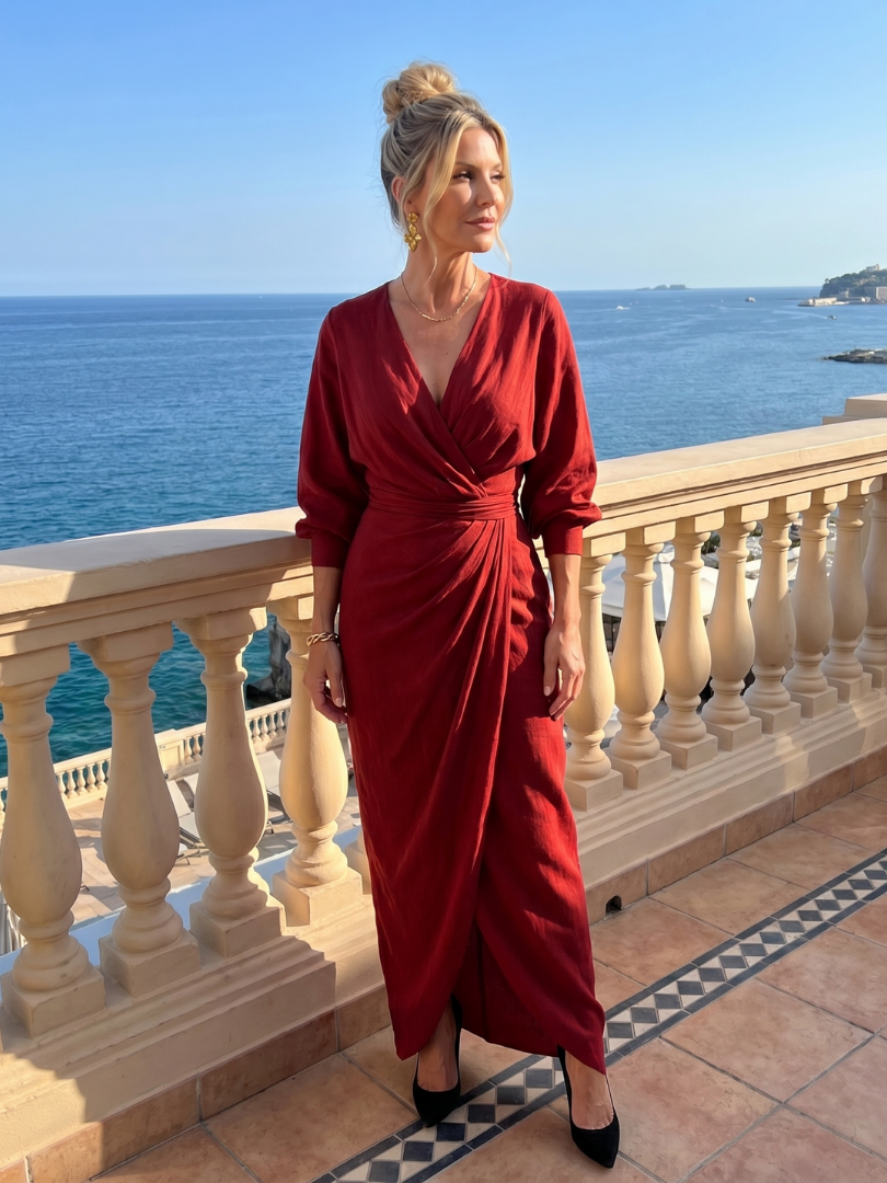 Juana | Vestido cruzado rojo de manga larga