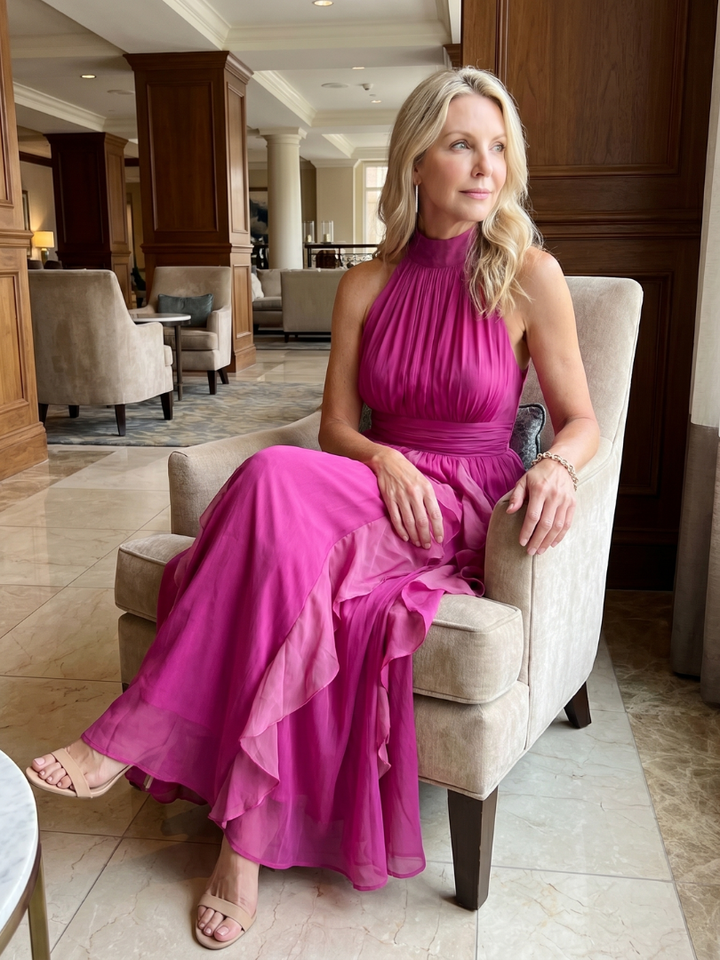 Pilar | Vestido largo magenta con volantes