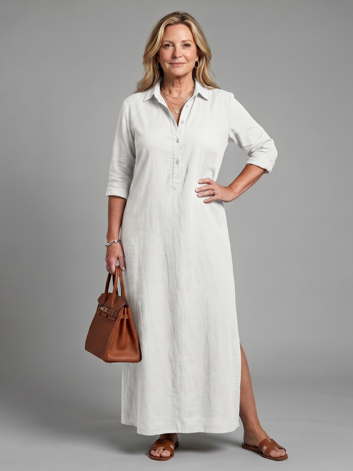 Lorena | Vestido largo verde oliva efecto lino