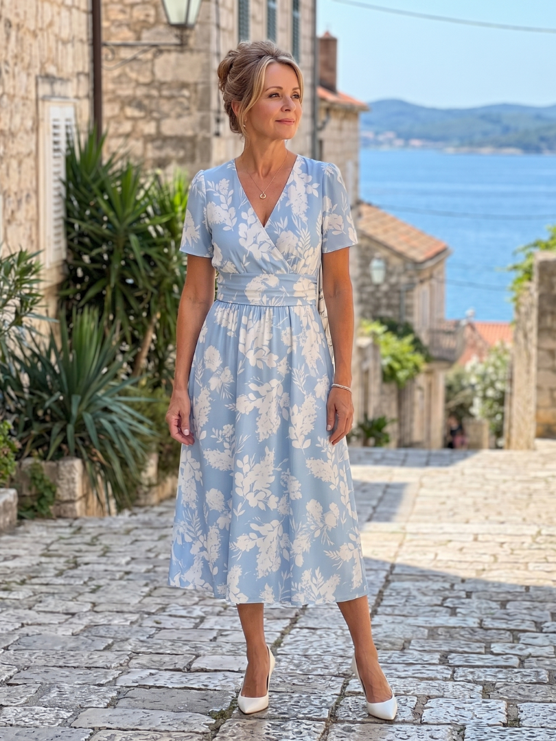 Esperanza | Vestido midi con flores sobre azul claro