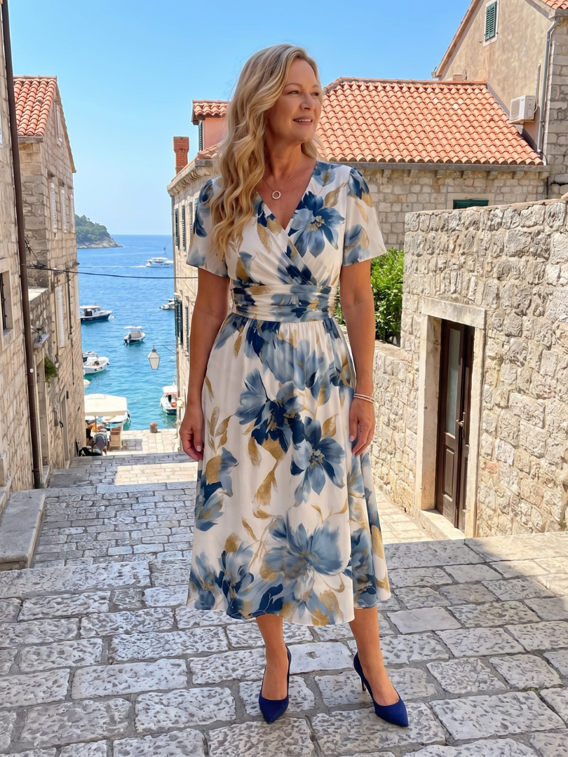 Elvira | Vestido midi con flores sobre azul