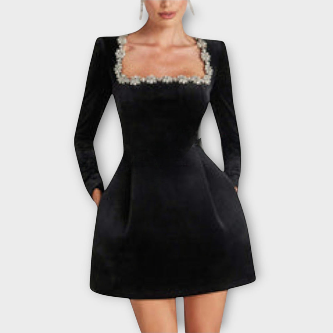 Silvia | Vestido midi de terciopelo con escote cuadrado