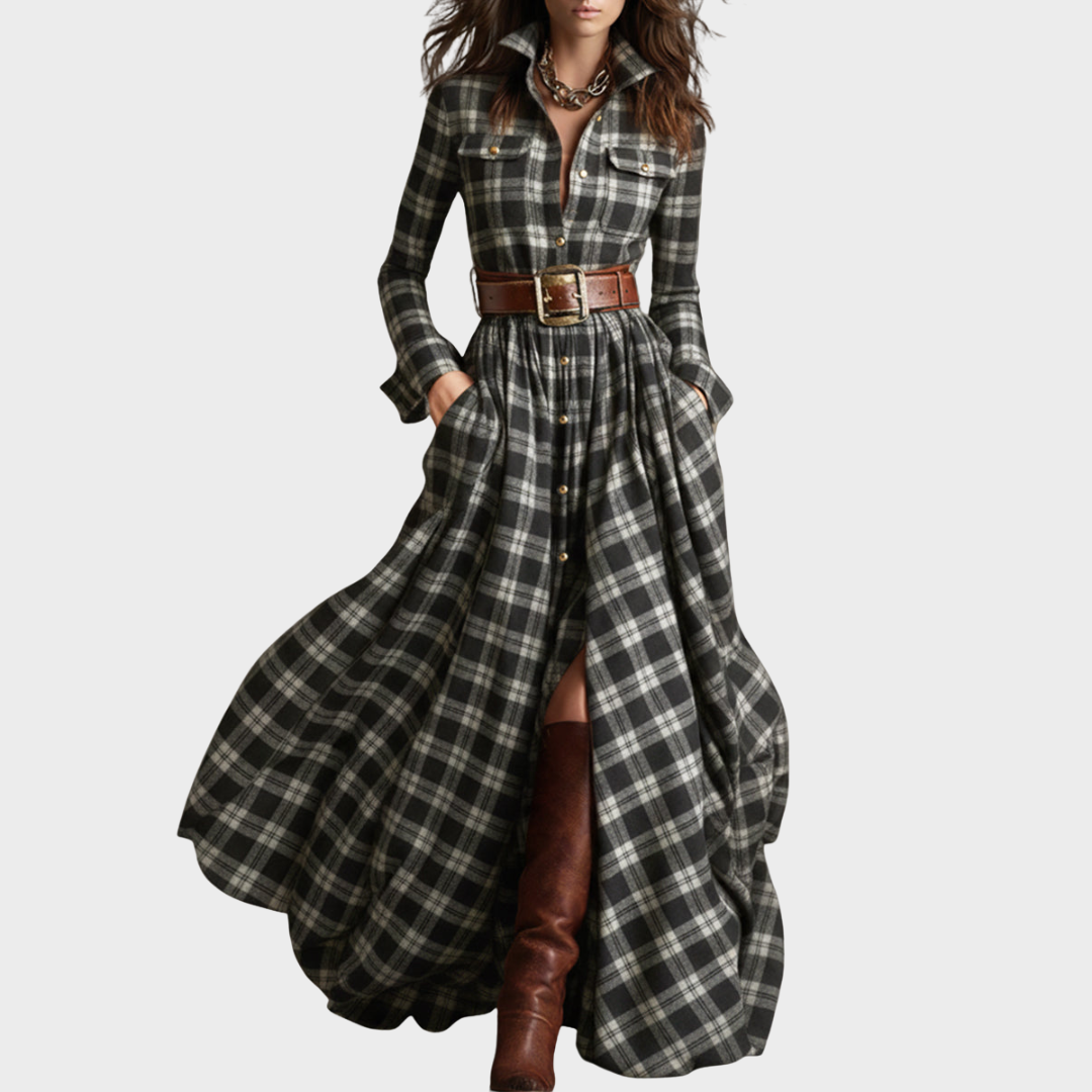 Amparo | Vestido maxi de cuadros con cuello clásico