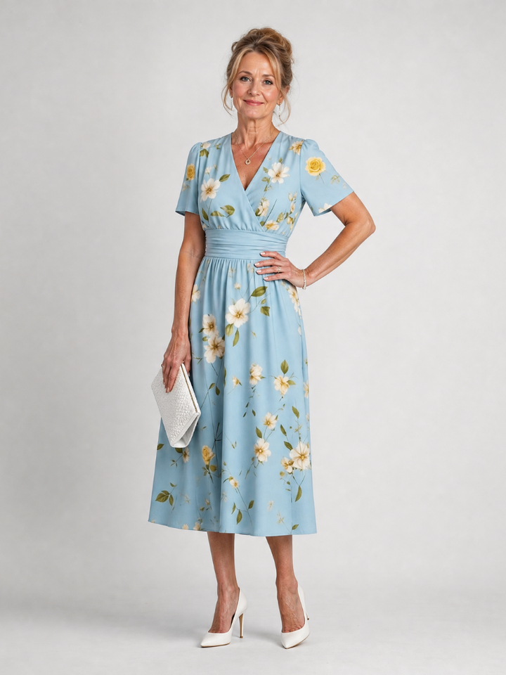 Esperanza | Vestido midi con flores sobre azul claro