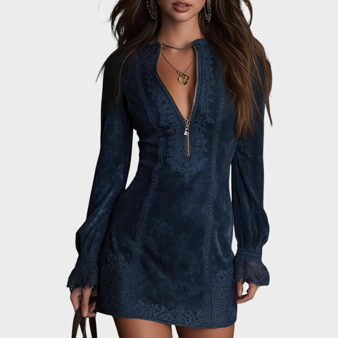Verónica | Vestido midi azul de ante con encaje