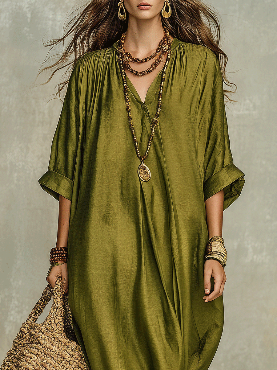 Aroa | Vestido largo verde oliva de corte holgado