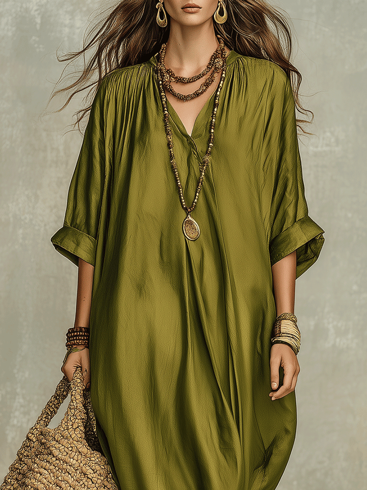 Aroa | Vestido largo verde oliva de corte holgado