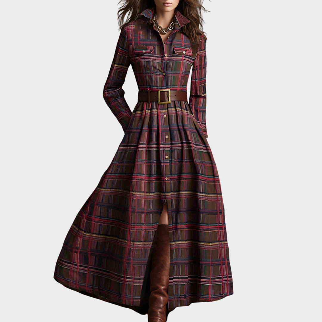 Amparo | Vestido maxi de cuadros con cuello clásico