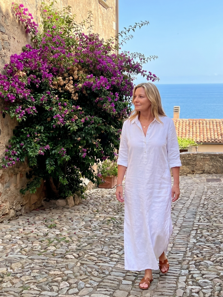 Lorena | Vestido largo verde oliva efecto lino