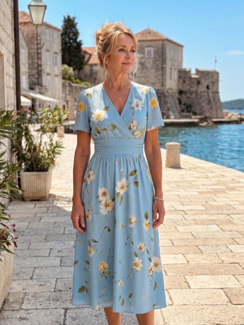 Esperanza | Vestido midi con flores sobre azul claro
