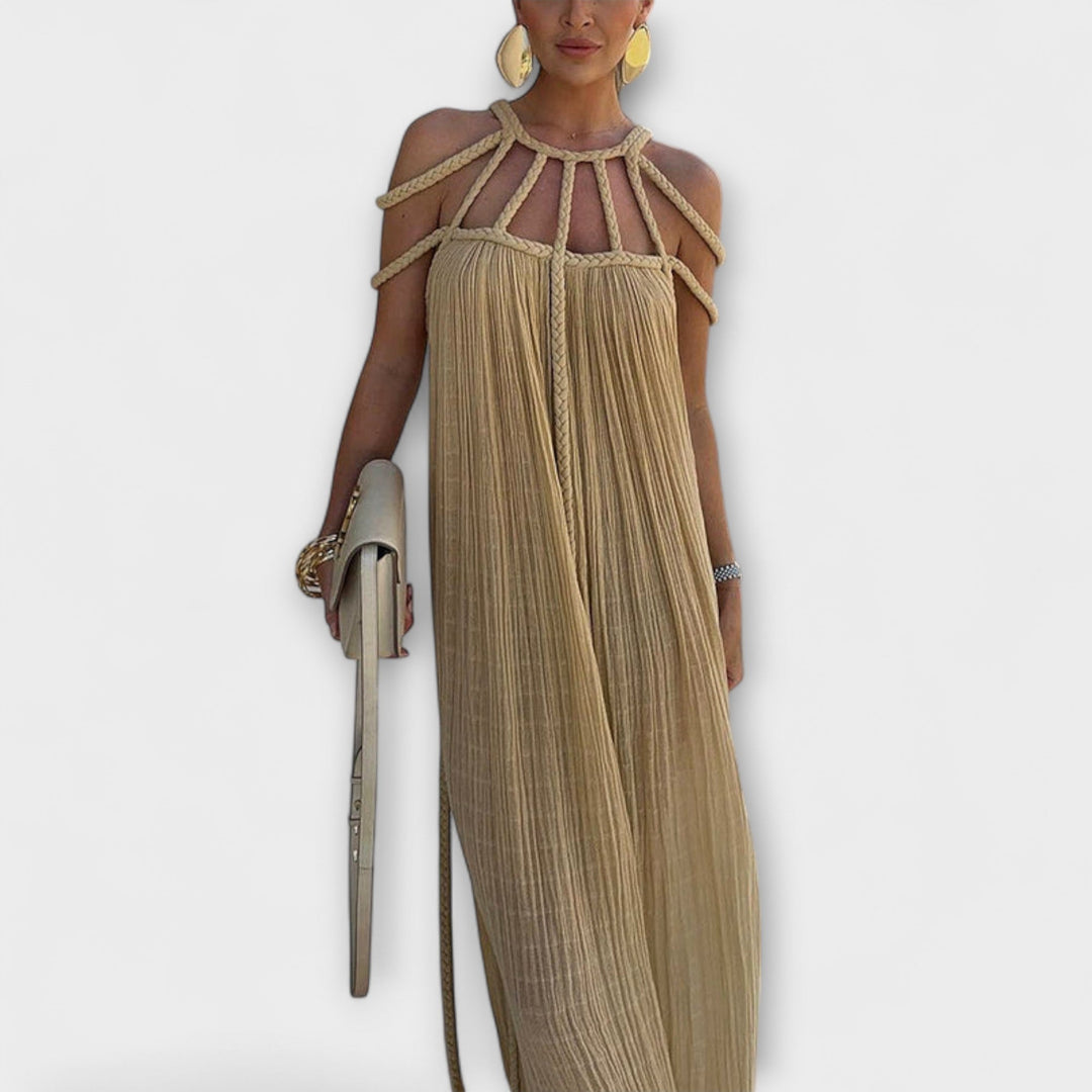 Gloria | Vestido maxi de lino con tirantes drapeados