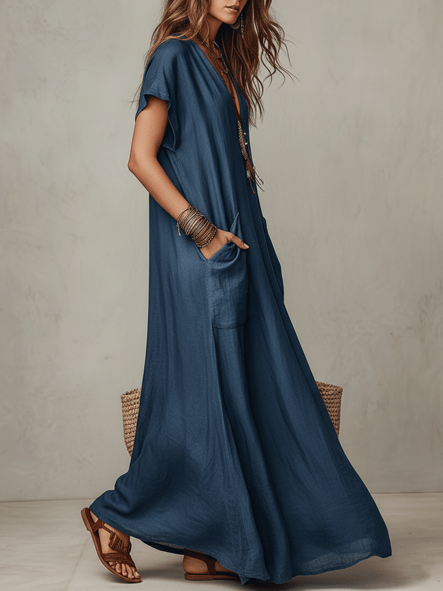 Azucena | Vestido largo azul con estampado bohemio