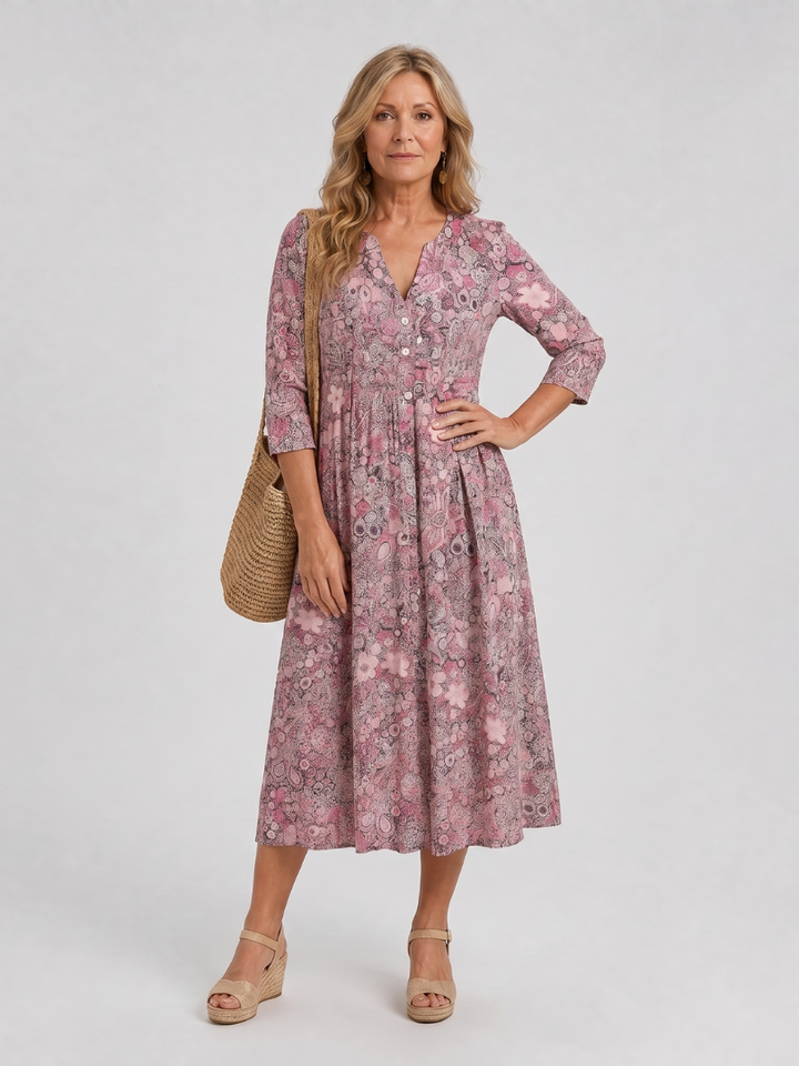 Eugenia | Vestido midi con flores pequeñas en beige