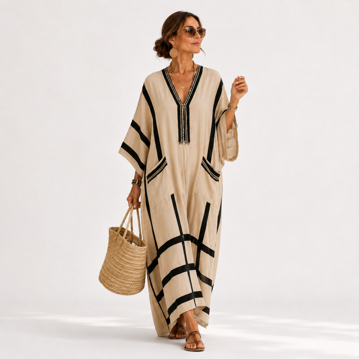Andrea | Caftán beige de rayas negras